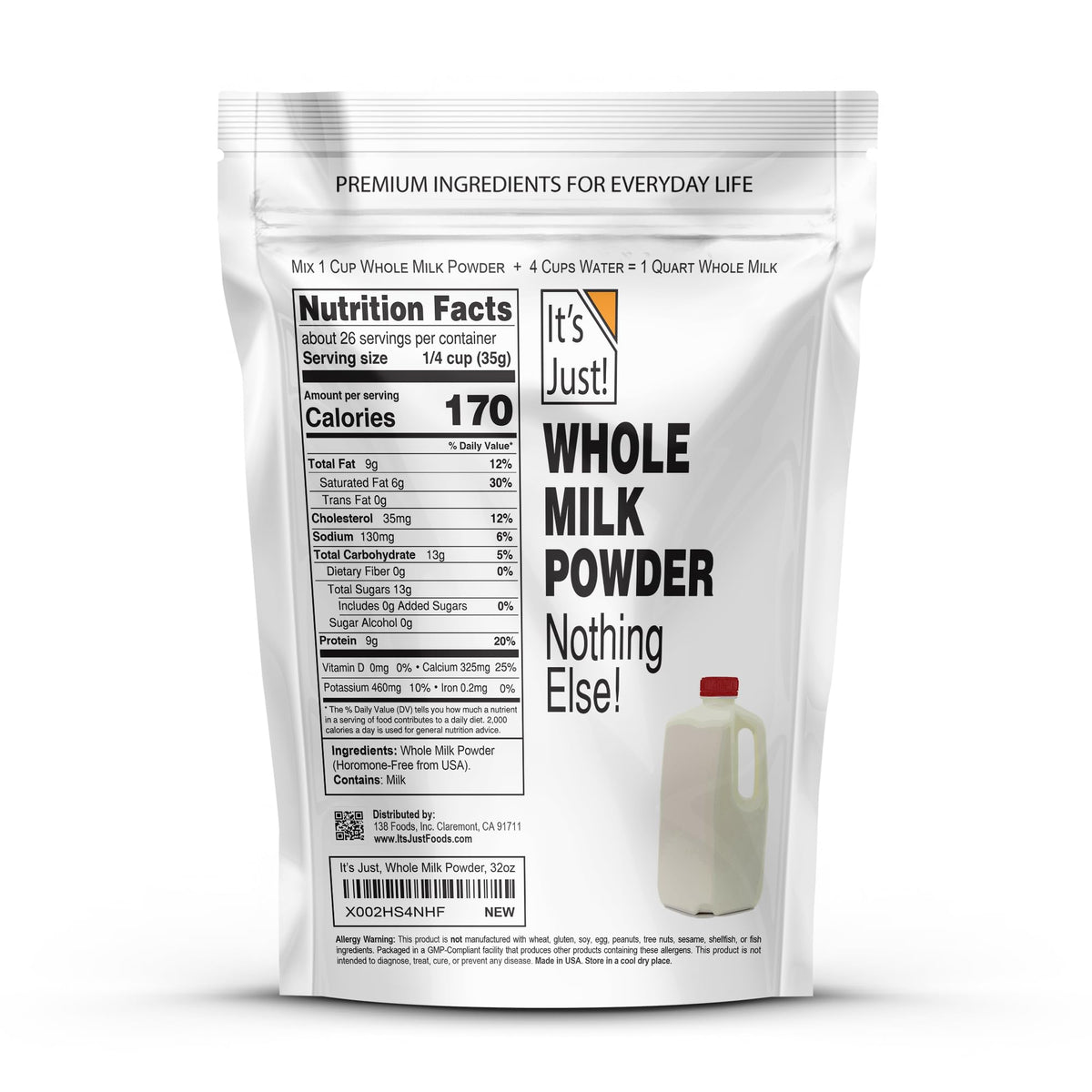 It's Just! Whole Milk Powder - 2 lbs, rBST/rBGH Free, Shelf-Stable, Made in USA