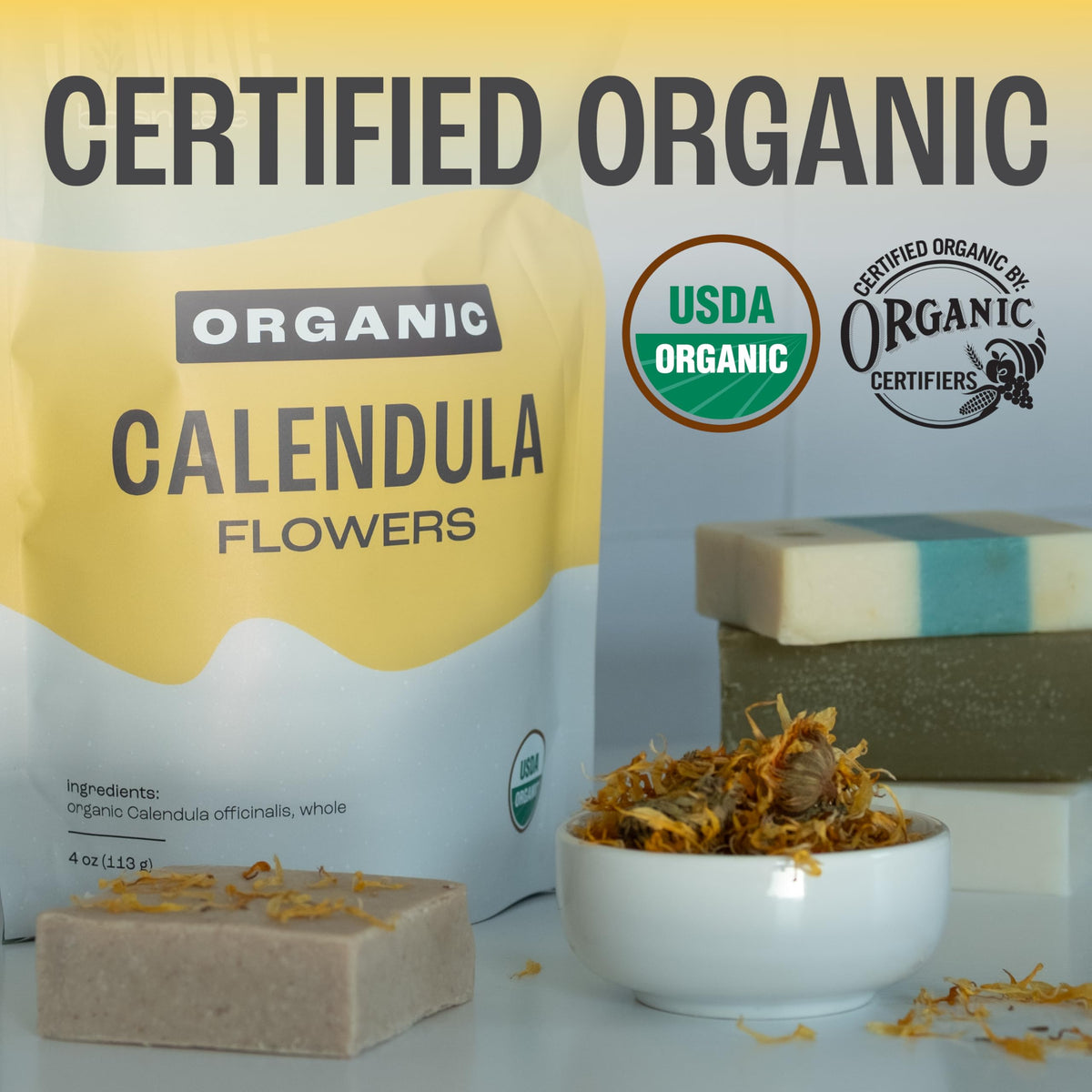 J Mac Botanicals Organic Calendula Flower – 16 oz Bulk, Dried Whole Flowers for Tea, Cocktails & Skincare