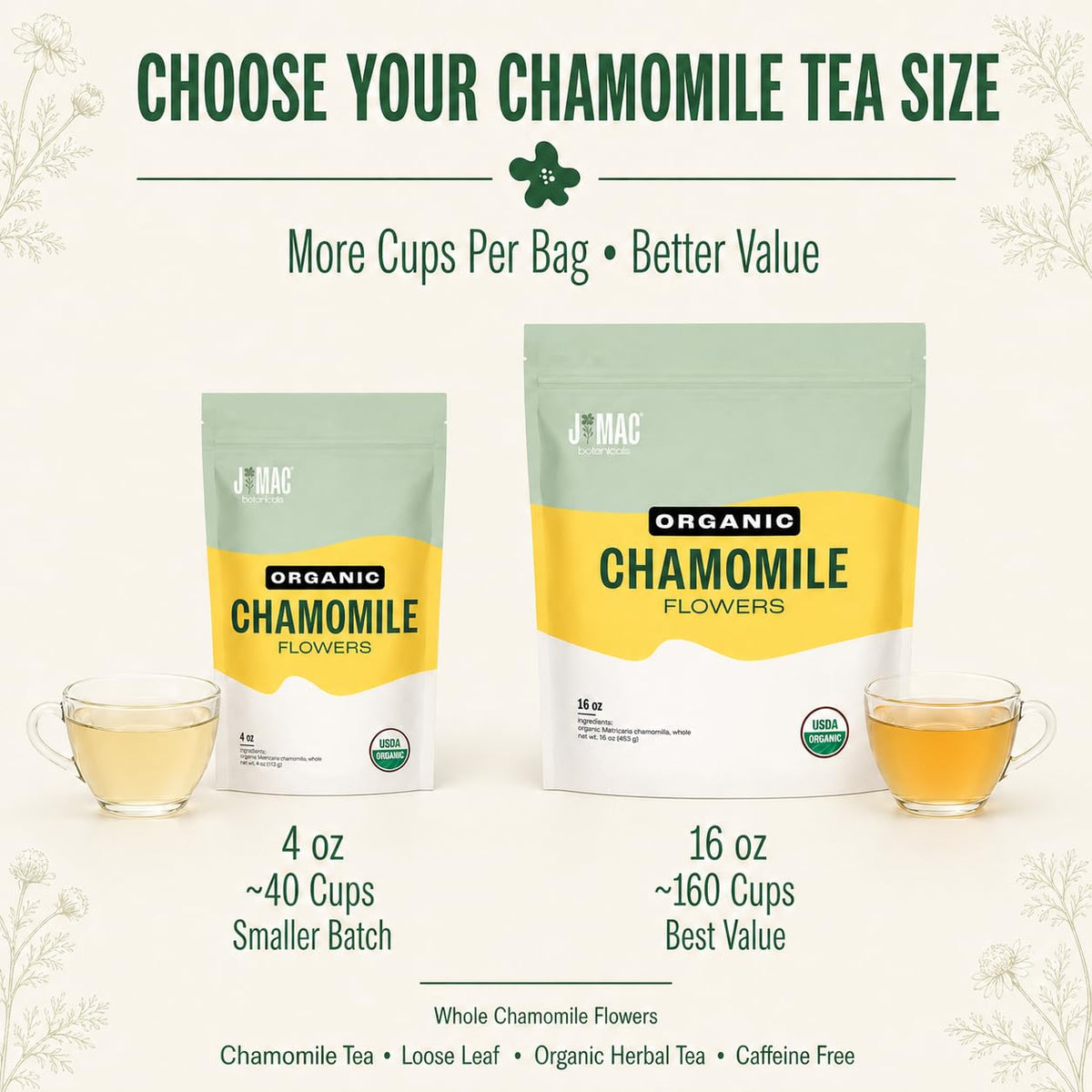 J Mac Botanicals Organic Chamomile Flowers (16 oz) – Whole Egyptian Chamomile for Tea & Baths