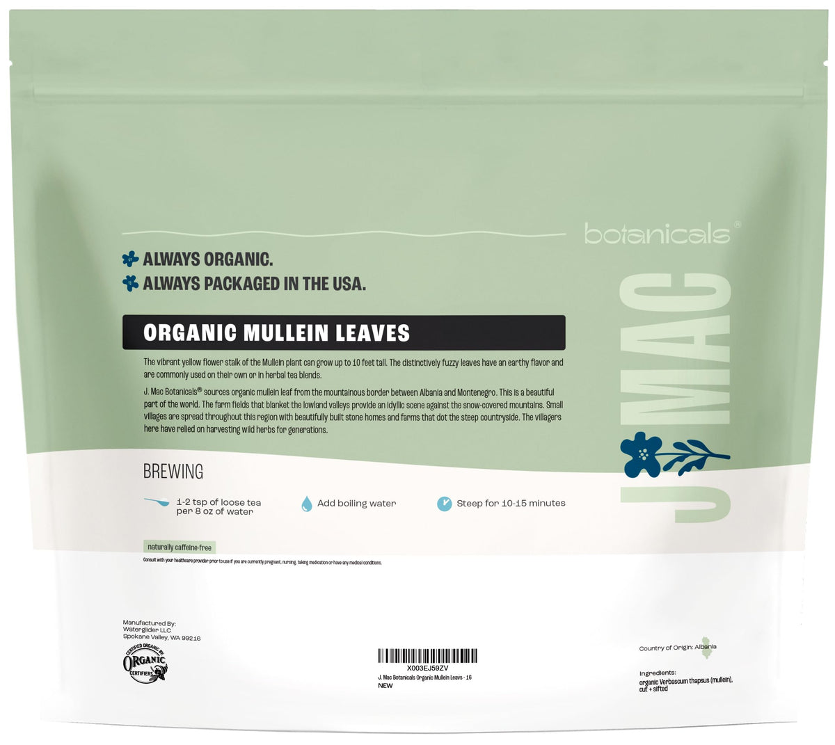 J Mac Botanicals Organic Mullein Leaves (16 oz) – USDA Certified Organic Loose Leaf Tea