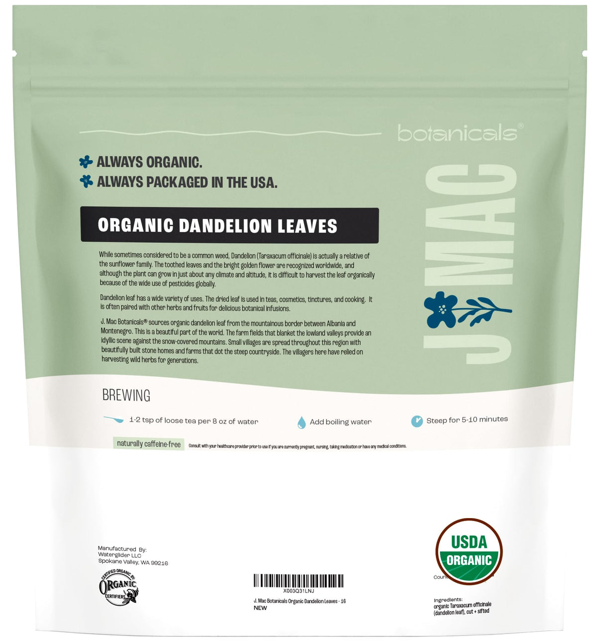 J Mac Botanicals Organic Dandelion Leaves — 16 oz, USDA Certified Organic, No Caffeine