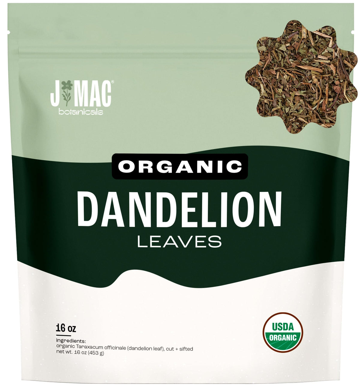 J Mac Botanicals Organic Dandelion Leaves — 16 oz, USDA Certified Organic, No Caffeine