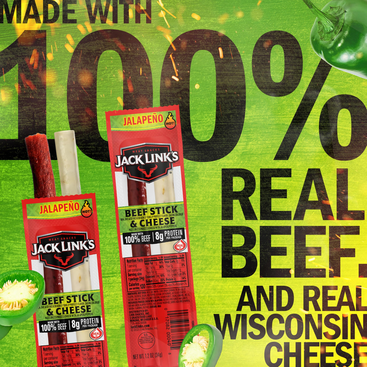 Jack Link's Jalapeno Beef & Cheese Sticks Combo – 16 Pack (1.2 oz Each) | 8g Protein