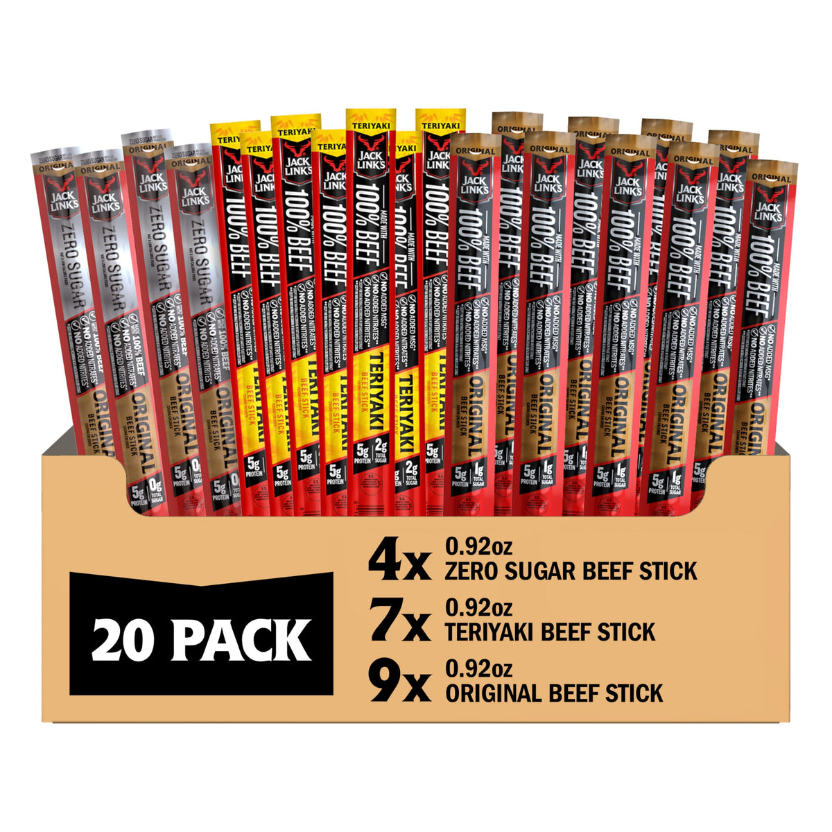 Jack Link's Beef Sticks Variety Pack – Original, Teriyaki & Zero Sugar | 5g Protein per Serving | 20 Pack