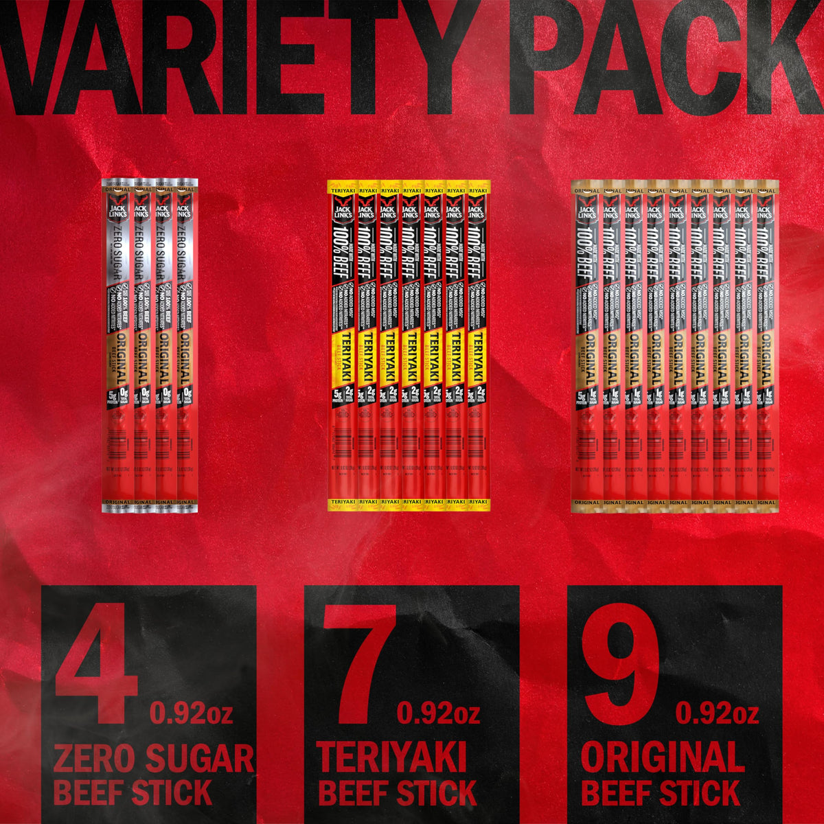 Jack Link's Beef Sticks Variety Pack – Original, Teriyaki & Zero Sugar | 5g Protein per Serving | 20 Pack