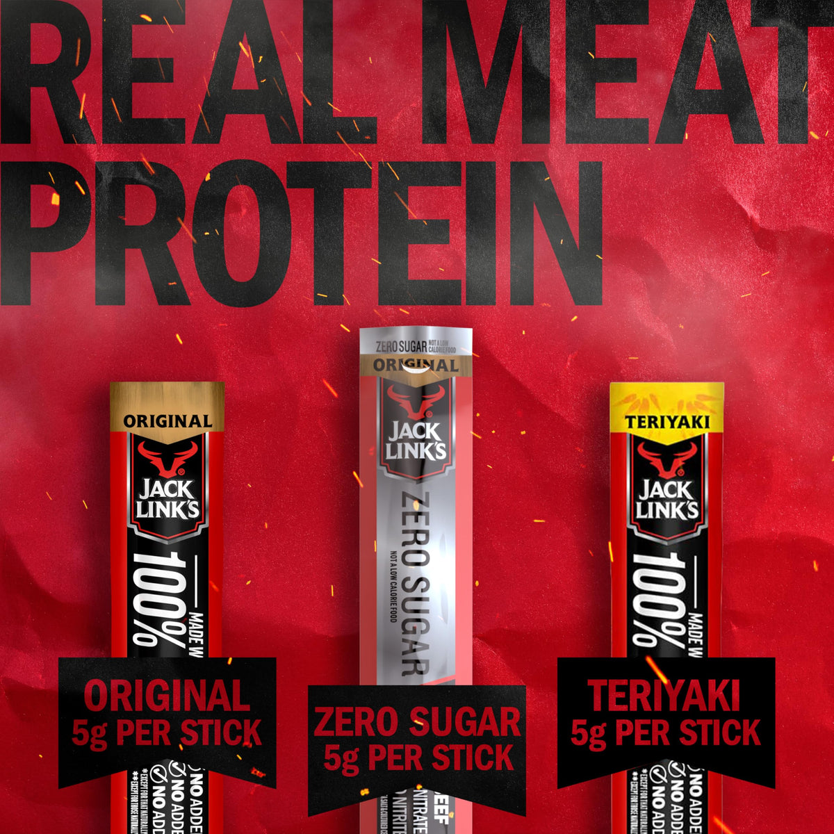 Jack Link's Beef Sticks Variety Pack – Original, Teriyaki & Zero Sugar | 5g Protein per Serving | 20 Pack