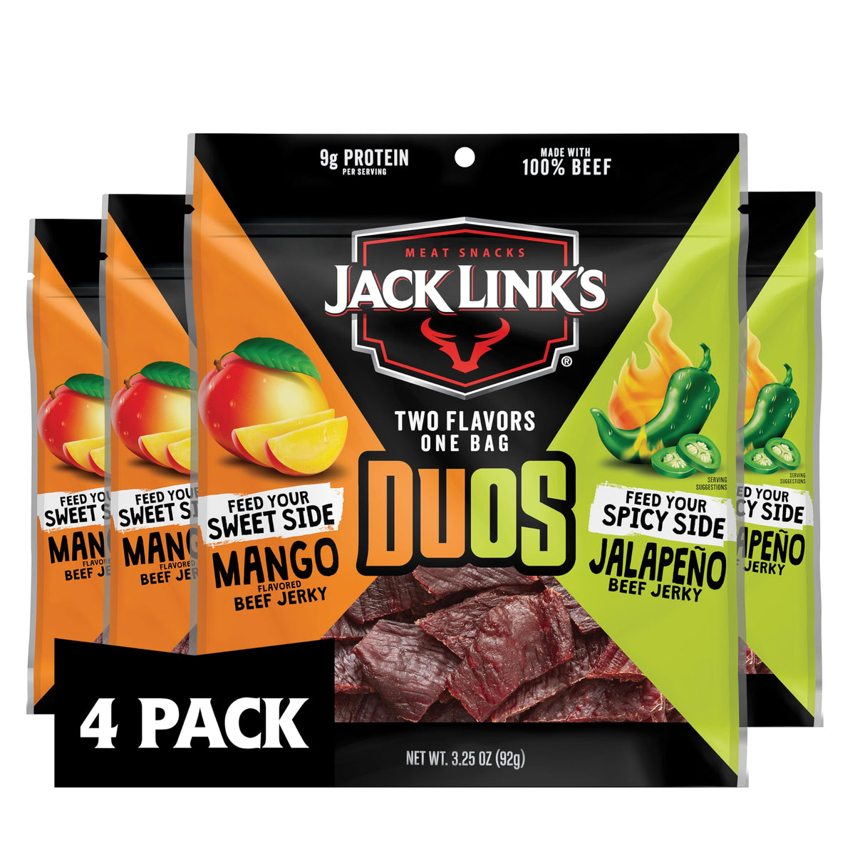 Jack Link's DUOs Jalapeño and Mango Beef Jerky - 4 Pack, 3.25 oz Bags | 9g Protein per Serving