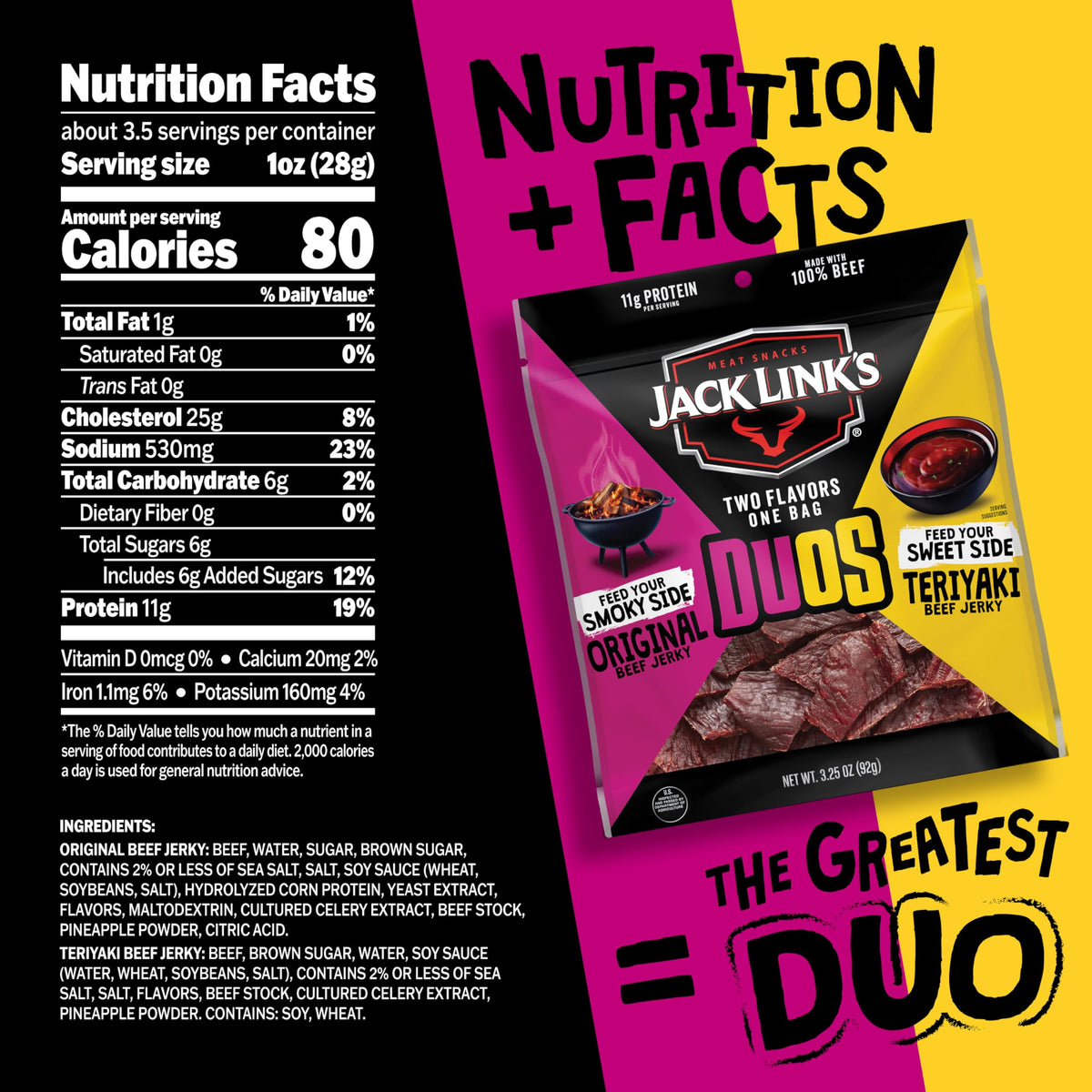 Jack Link's Duos Original/Teriyaki Jerky – 3.25oz Bag, 11g Protein per Serving (8-Pack)