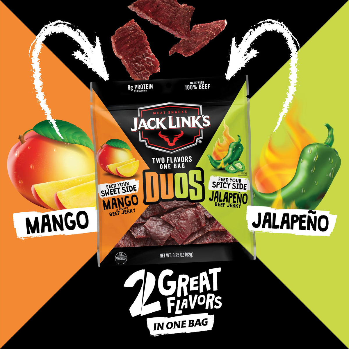 Jack Link's DUOs Jalapeño and Mango Beef Jerky - 4 Pack, 3.25 oz Bags | 9g Protein per Serving