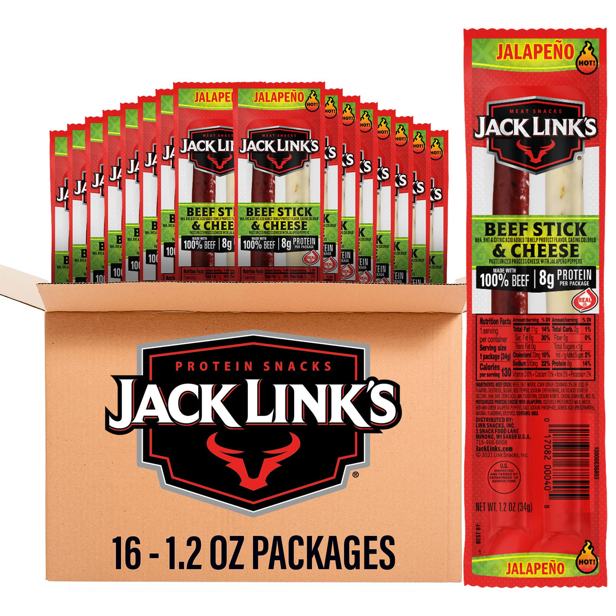 Jack Link's Jalapeno Beef & Cheese Sticks Combo – 16 Pack (1.2 oz Each) | 8g Protein