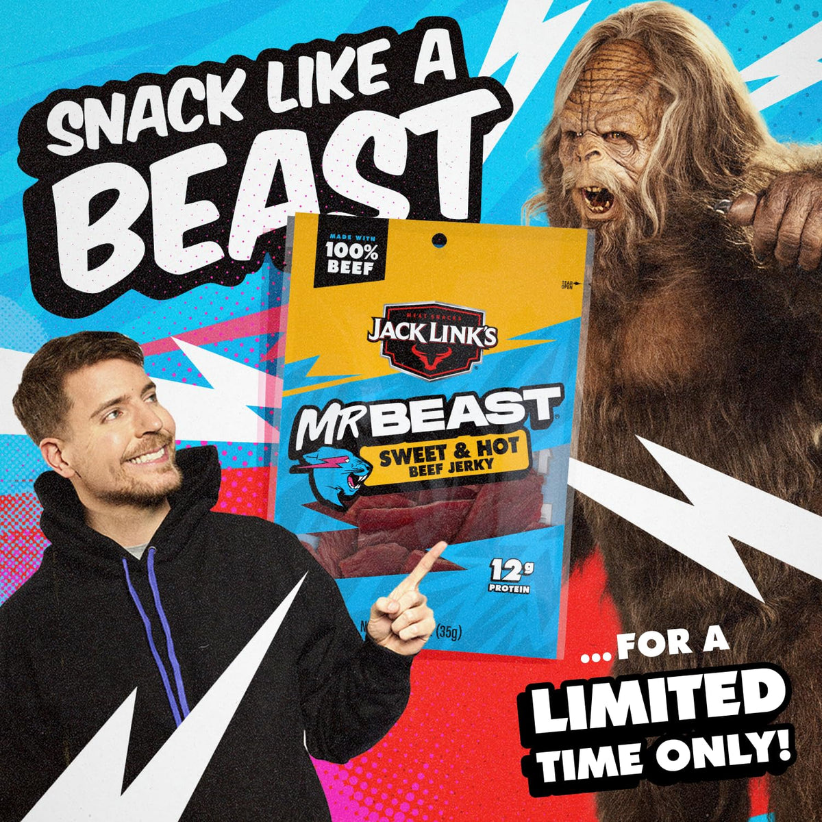 Jack Link's x MrBeast Sweet & Hot Beef Jerky – 10 Pack, 1.25 oz Bags | 12g Protein per Serving