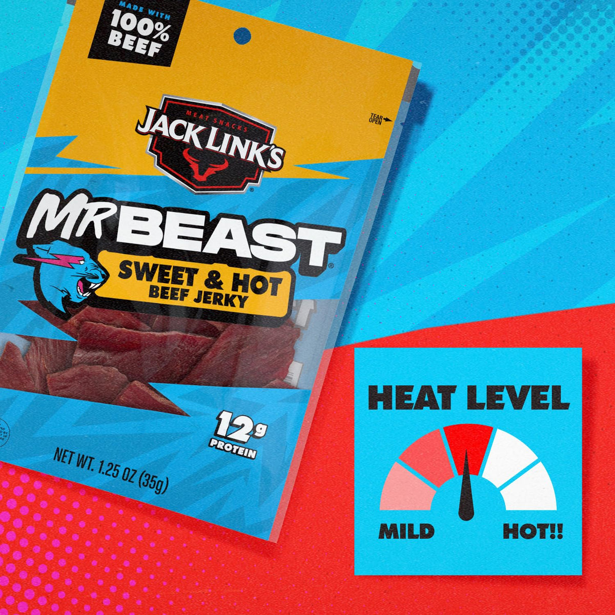Jack Link's x MrBeast Sweet & Hot Beef Jerky – 10 Pack, 1.25 oz Bags | 12g Protein per Serving
