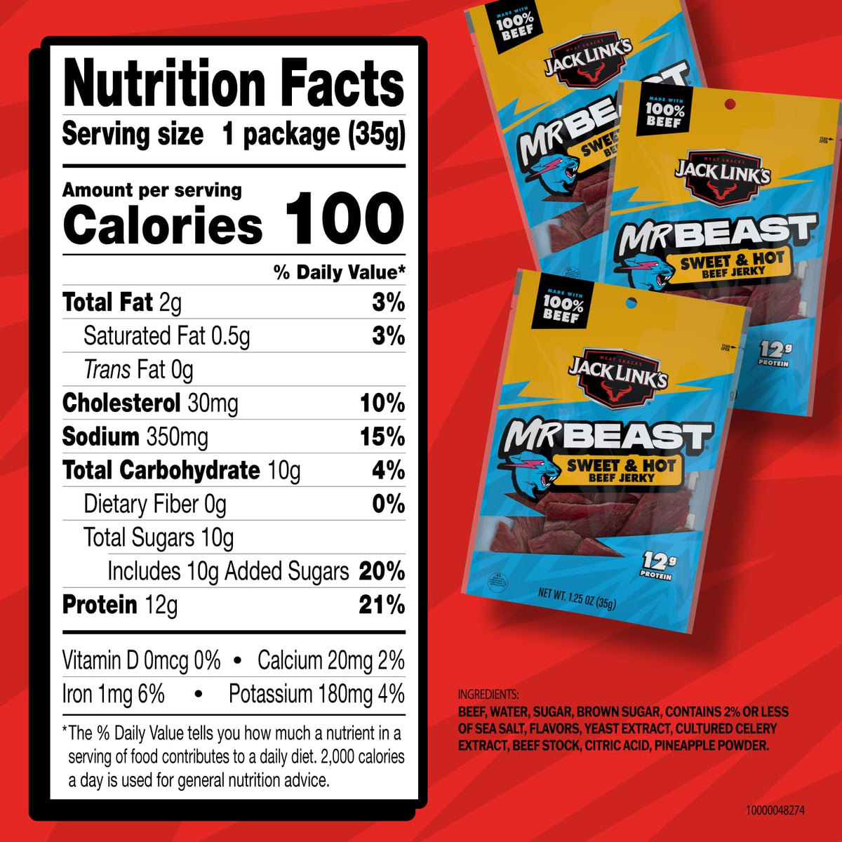 Jack Link's x MrBeast Sweet & Hot Beef Jerky – 10 Pack, 1.25 oz Bags | 12g Protein per Serving
