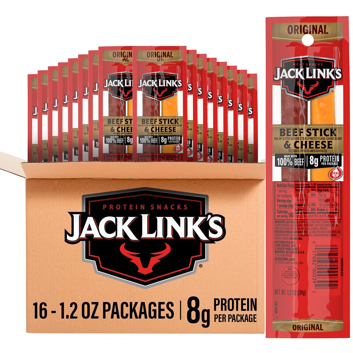Jack Link's Original Beef Jerky & Cheese Sticks Combo - 16 Pack, 1.2 oz Each, 8g Protein