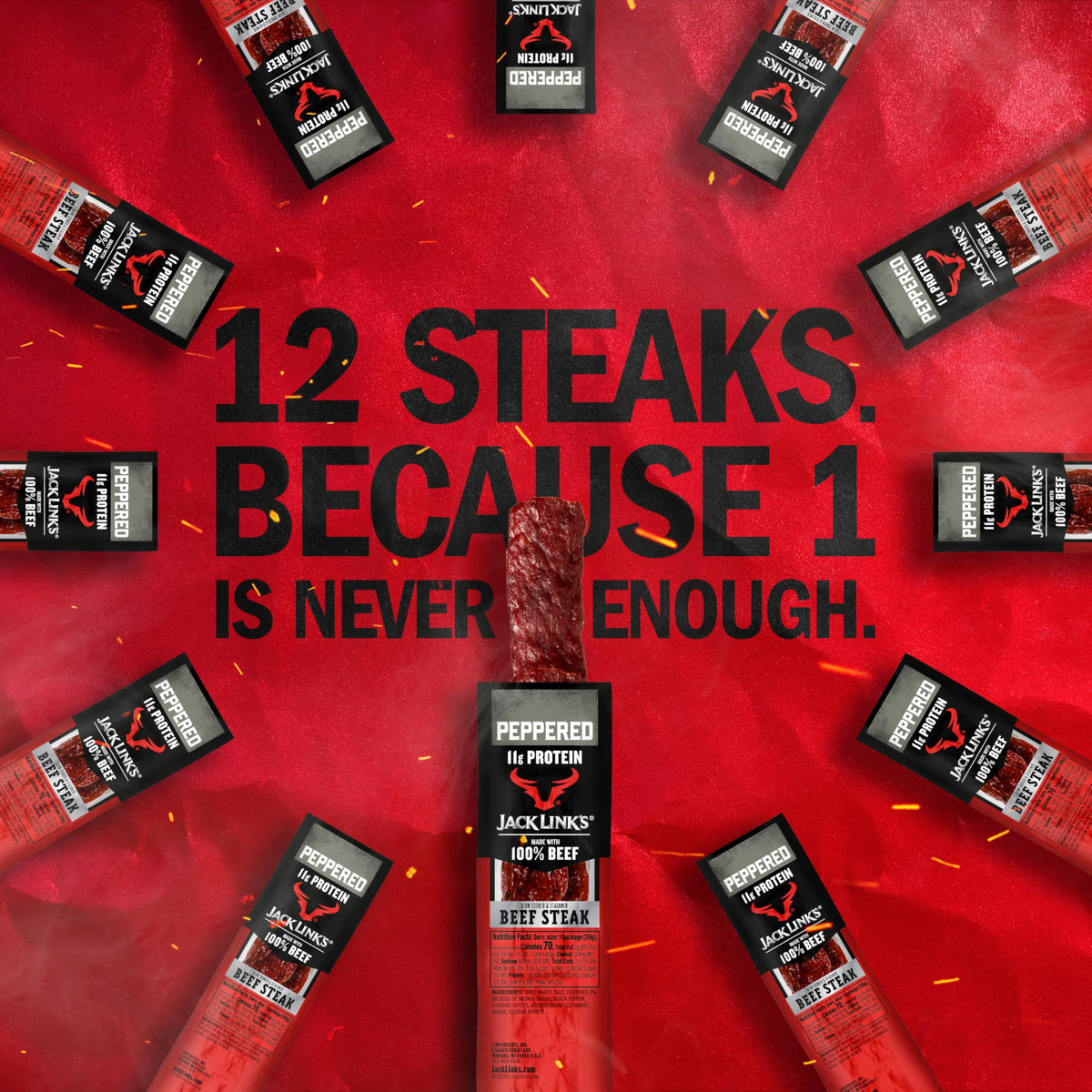 Jack Link's Peppered Beef Steaks - 11g Protein per 1oz, 12-Pack Ready-to-Eat Snack