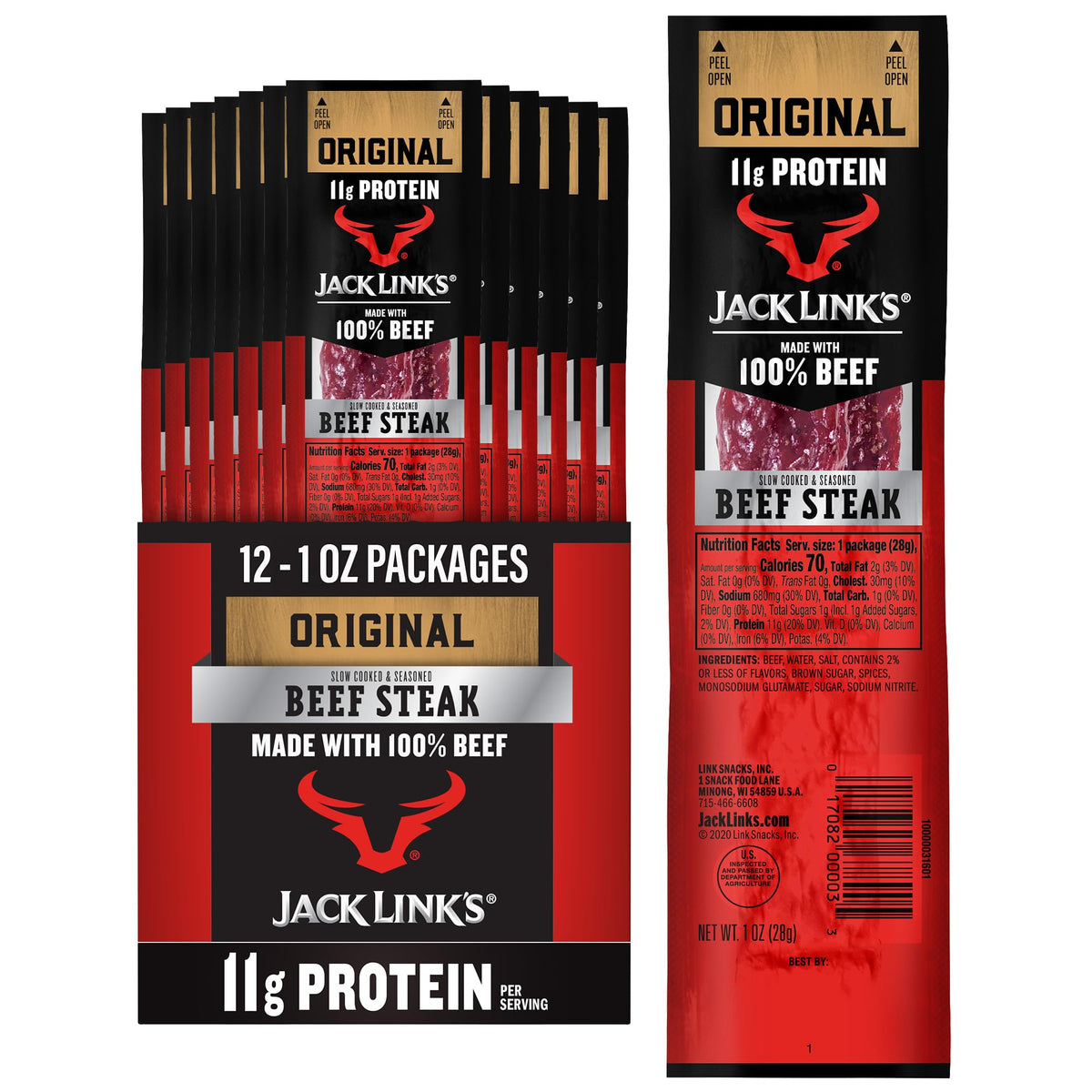 Jack Link’s Premium Cuts Beef Steak Original – 12 Pack, 11g Protein per Serving