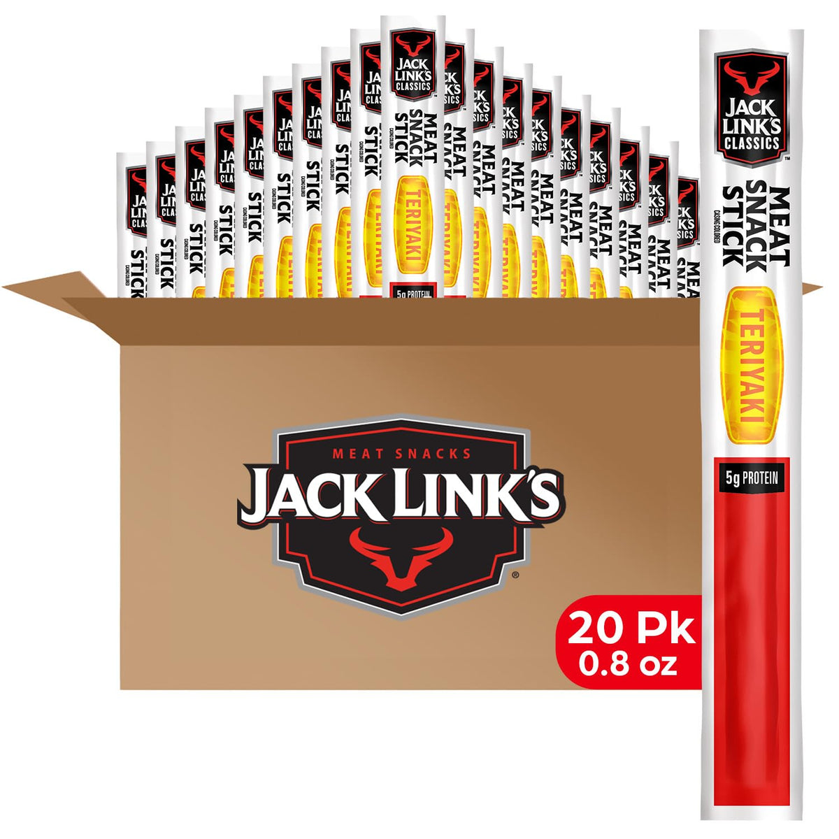 Jack Link's Teriyaki Meat Sticks – 5g Protein, Beef & Pork, Keto, 0.8 oz Pack of 20