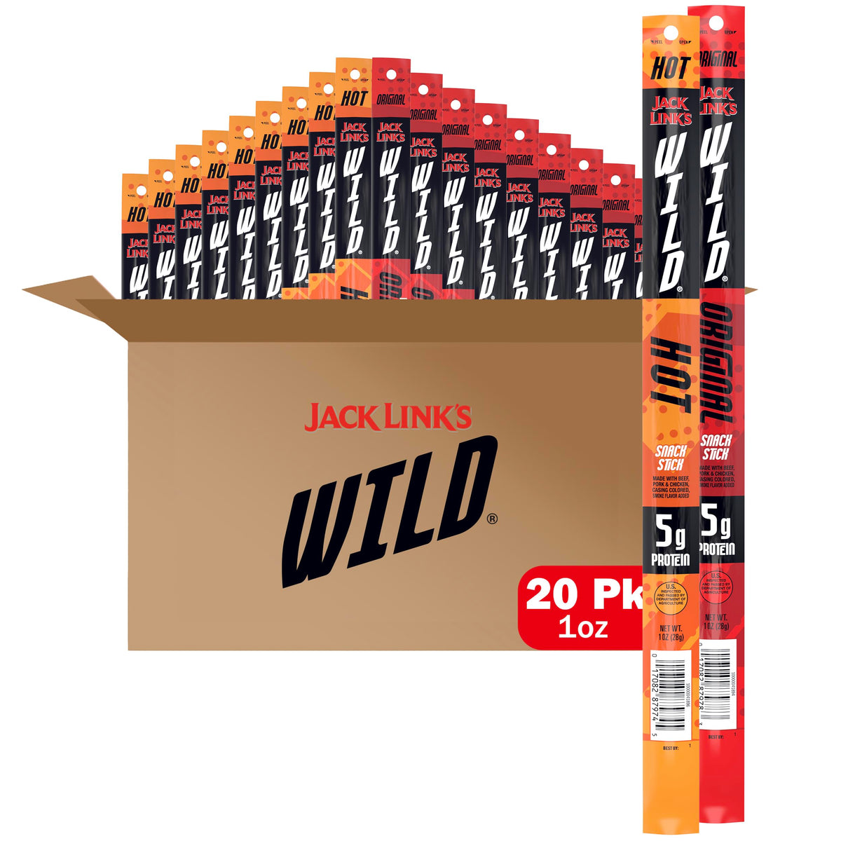 Jack Link's WILD Snack Sticks – Original & Hot Variety Pack, 5g Protein, 20 Sticks
