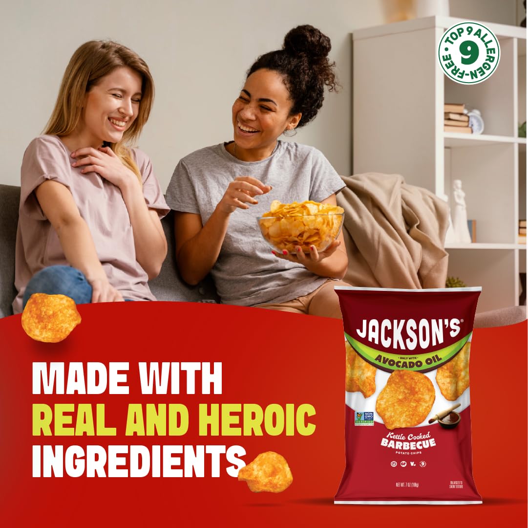Jackson's Classic Kettle Potato Chips Variety Pack – Avocado Oil, Sea Salt, Salt & Vinegar, BBQ (7 oz x6) | Gluten Free, Vegan