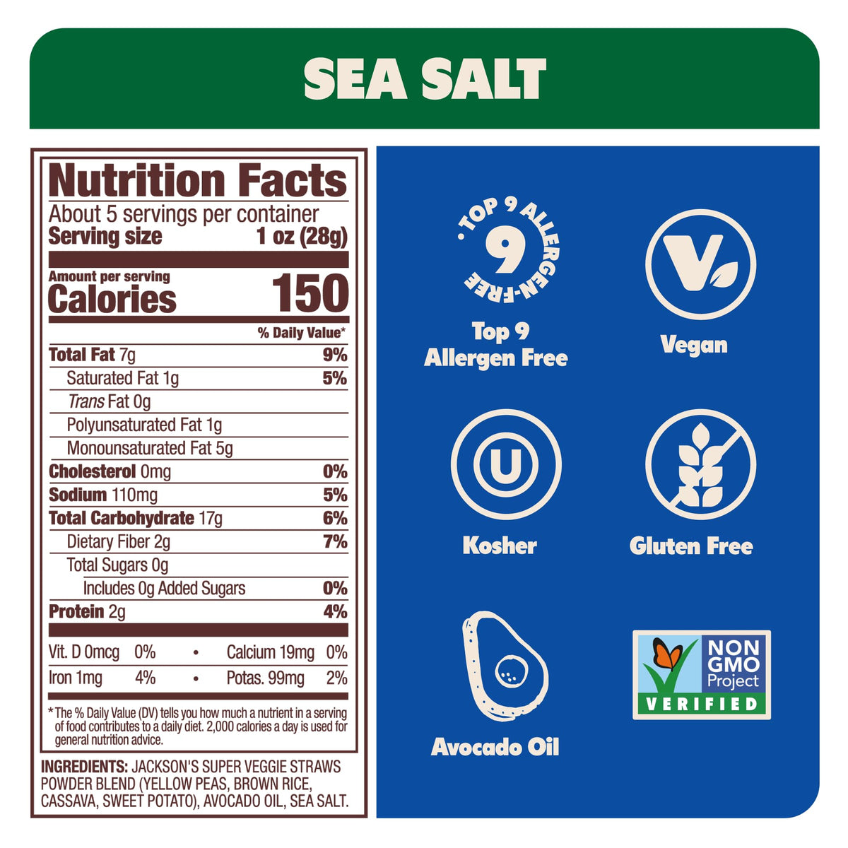 Jackson’s Super Veggie Straws Sea Salt – Gluten Free, Vegan Snack (5 oz, Pack of 6) | Avocado Oil