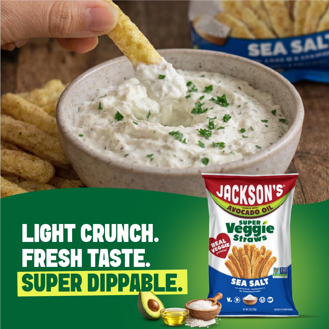 Jackson's Super Veggie Straws Sea Salt – Gluten Free, Vegan Snack Made with Avocado Oil (6.5 oz, Pack of 6)