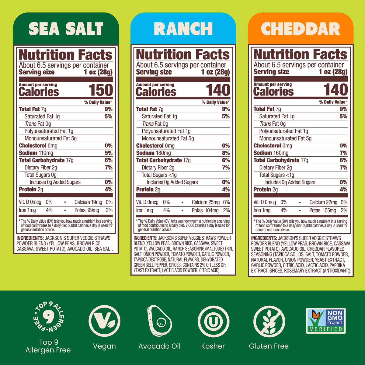 Jackson’s Super Veggie Straws Variety Pack (6 x 6.5 oz) – Ranch, Sea Salt, Cheddar • Gluten Free • Avocado Oil