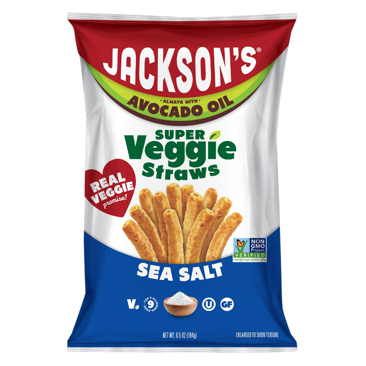 Jackson's Super Veggie Straws Sea Salt – Gluten Free, Vegan Snack Made with Avocado Oil (6.5 oz, Pack of 6)