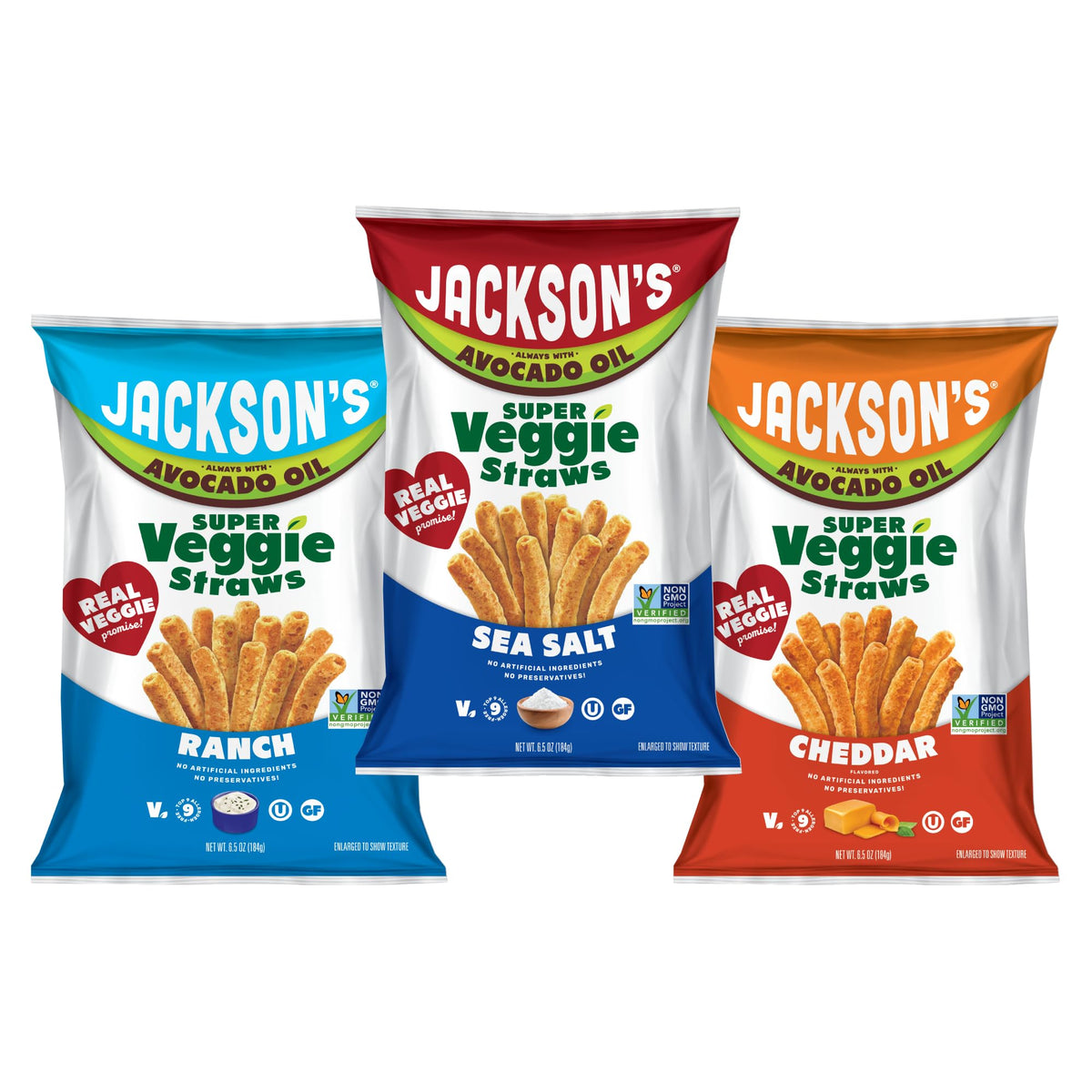 Jackson’s Super Veggie Straws Variety Pack (6 x 6.5 oz) – Ranch, Sea Salt, Cheddar • Gluten Free • Avocado Oil