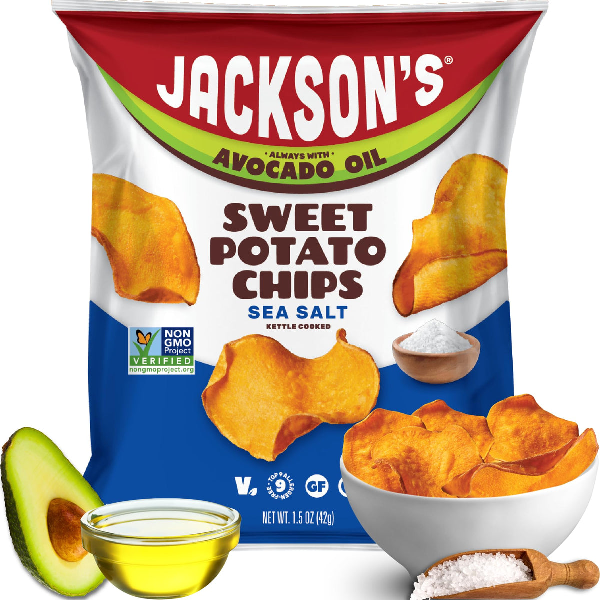 Jackson’s Sweet Potato Kettle Chips with Avocado Oil – Gluten Free, Vegan, Paleo (1.5 oz x10)