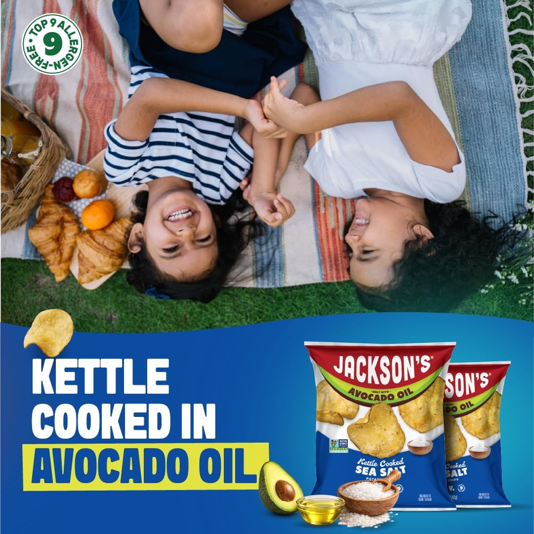 Jackson’s Potato Classic Kettle Chips with Sea Salt – Avocado Oil, Vegan, Gluten Free, Peanut Free, Kosher – Shark Tank Product (Pack of 10)