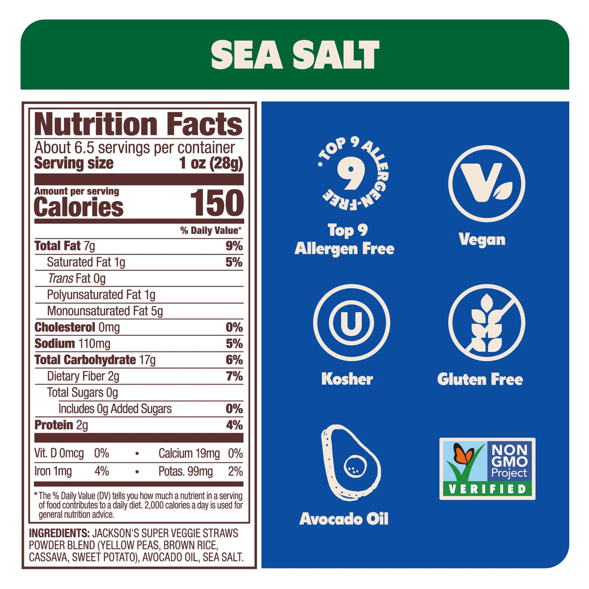 Jackson's Super Veggie Straws Sea Salt – Gluten Free, Vegan Snack Made with Avocado Oil (6.5 oz, Pack of 6)
