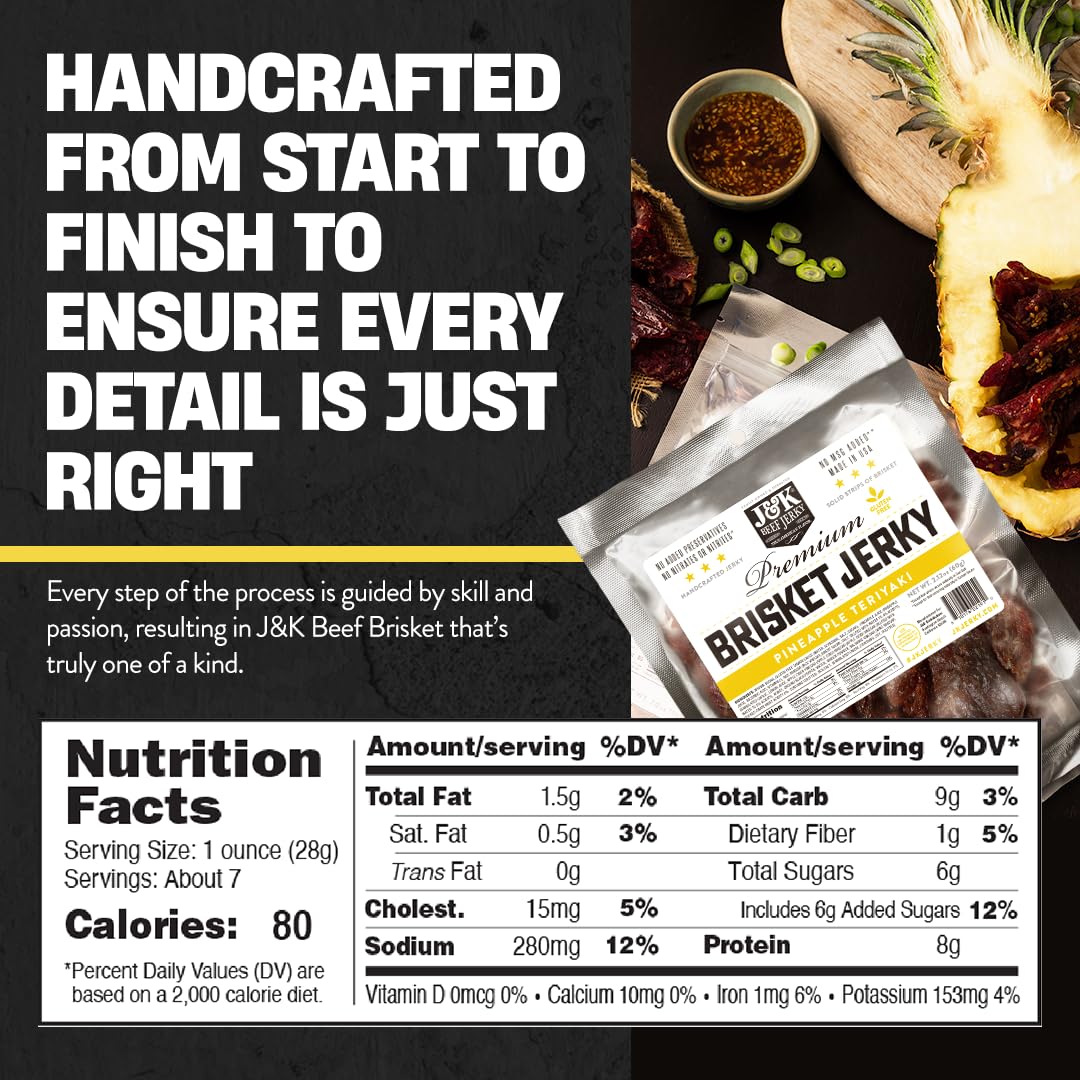 J&K Beef Jerky Pineapple Teriyaki Brisket Jerky – Handcrafted Small-Batch, 7oz Bag