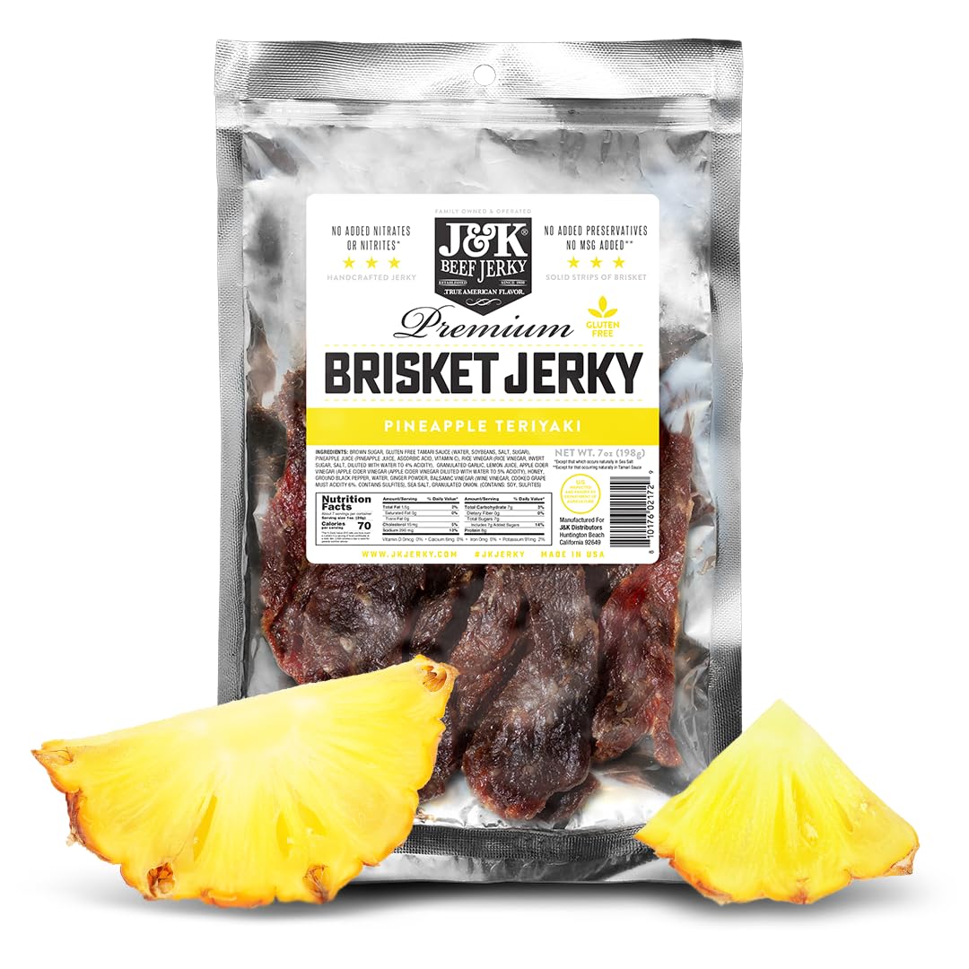 J&K Beef Jerky Pineapple Teriyaki Brisket Jerky – Handcrafted Small-Batch, 7oz Bag