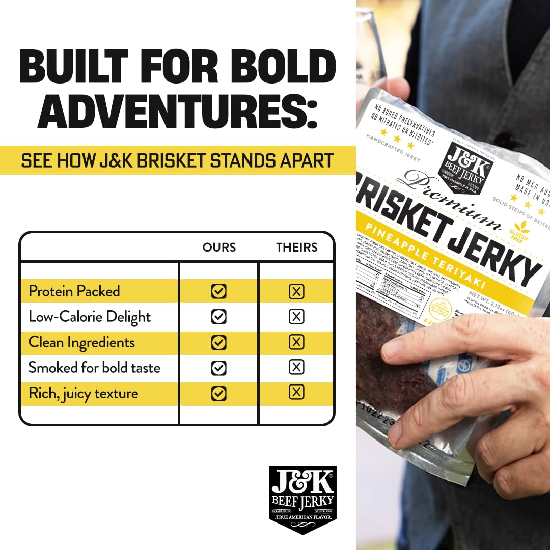 J&K Beef Jerky Pineapple Teriyaki Brisket Jerky – Handcrafted Small-Batch, 7oz Bag