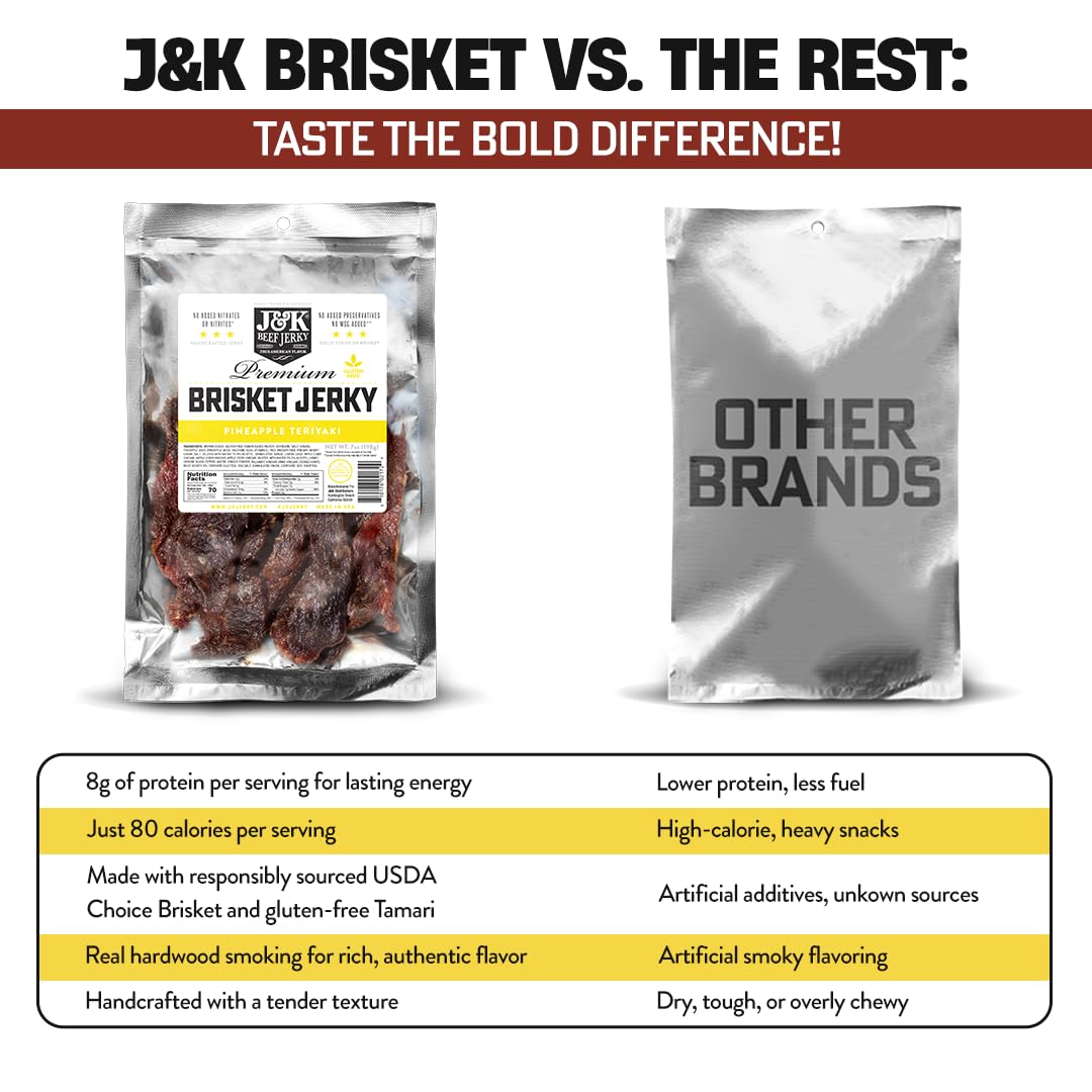 J&K Beef Jerky Pineapple Teriyaki Brisket Jerky – Handcrafted Small-Batch, 7oz Bag