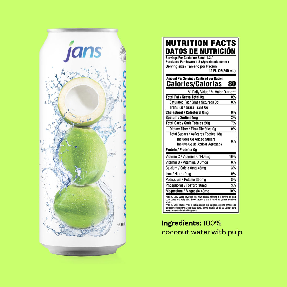 Jans 100% Coconut Water with Pulp – No Sugar Added, 16.57 oz (Pack of 12) | Hydration with Electrolytes