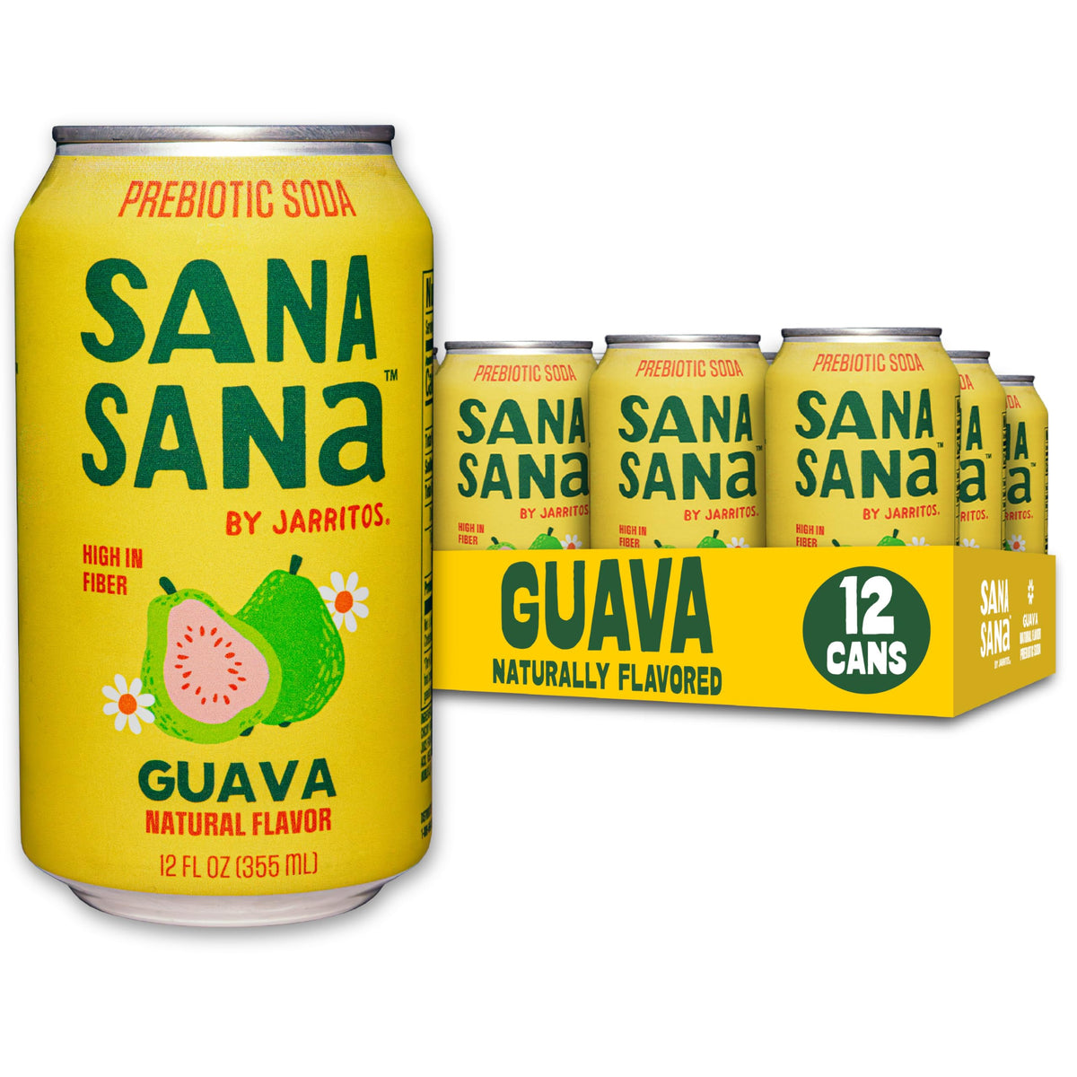 Sana Sana by Jarritos – Guava Prebiotic Soda, 12-Can Pack, 40 Calories, 10g Fiber