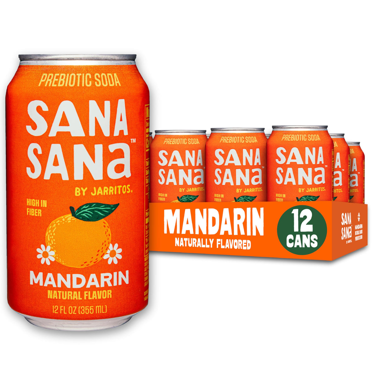 Jarritos Sana Sana Prebiotic Soda – Mandarin, Guava & Strawberry (12 Cans, 40 Calories, 10g Fiber)