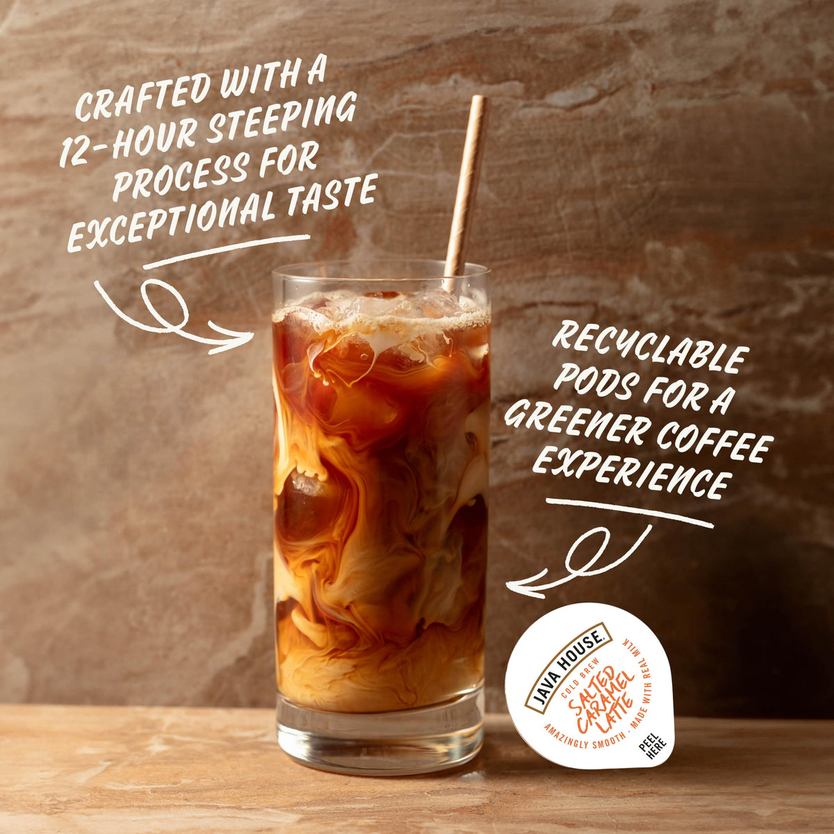 JAVA HOUSE Salted Caramel Latte Cold Brew Pods – Peel & Pour, 12 Count