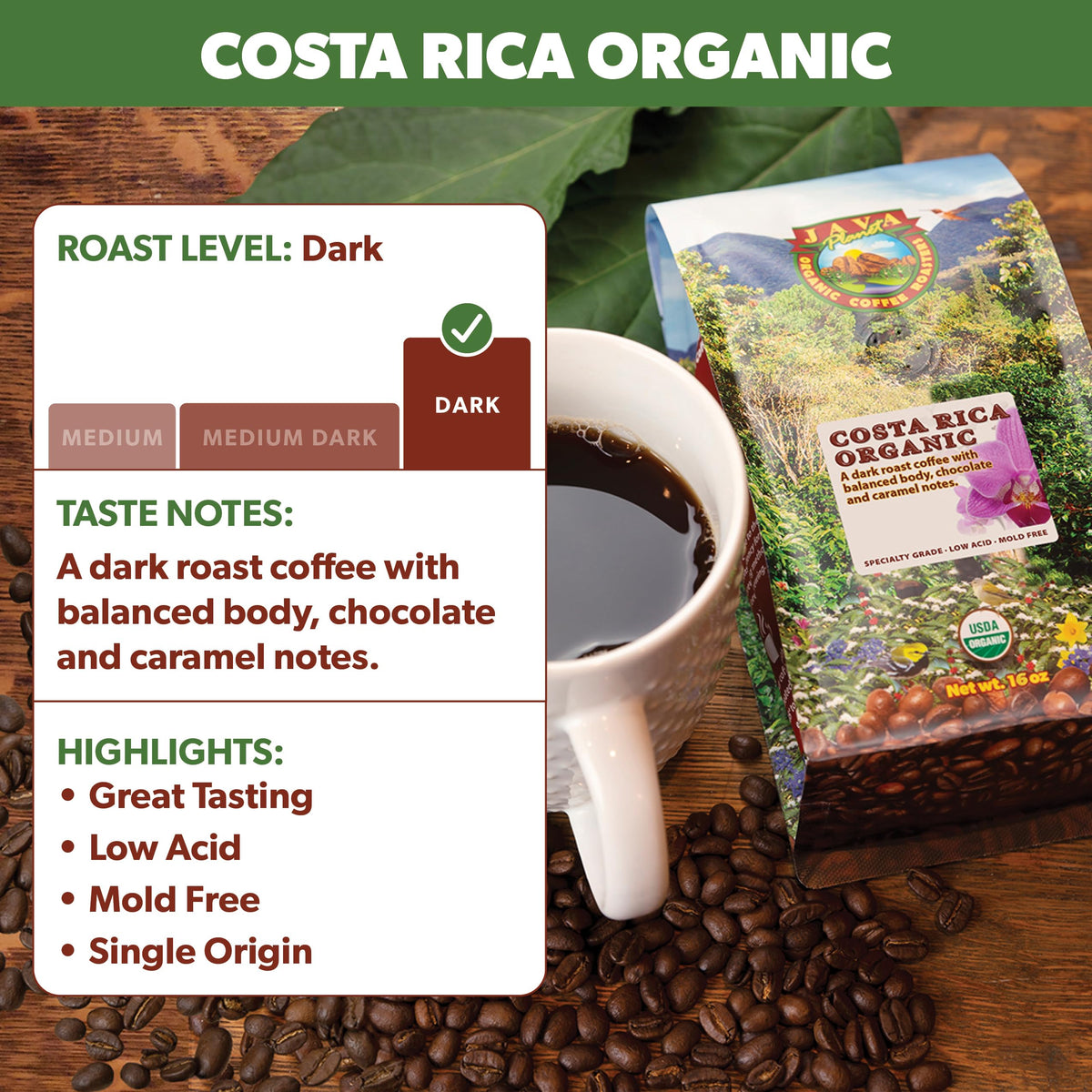 Java Planet Low Acid Organic Coffee – Costa Rican Single Origin, Dark Roast, 1 lb