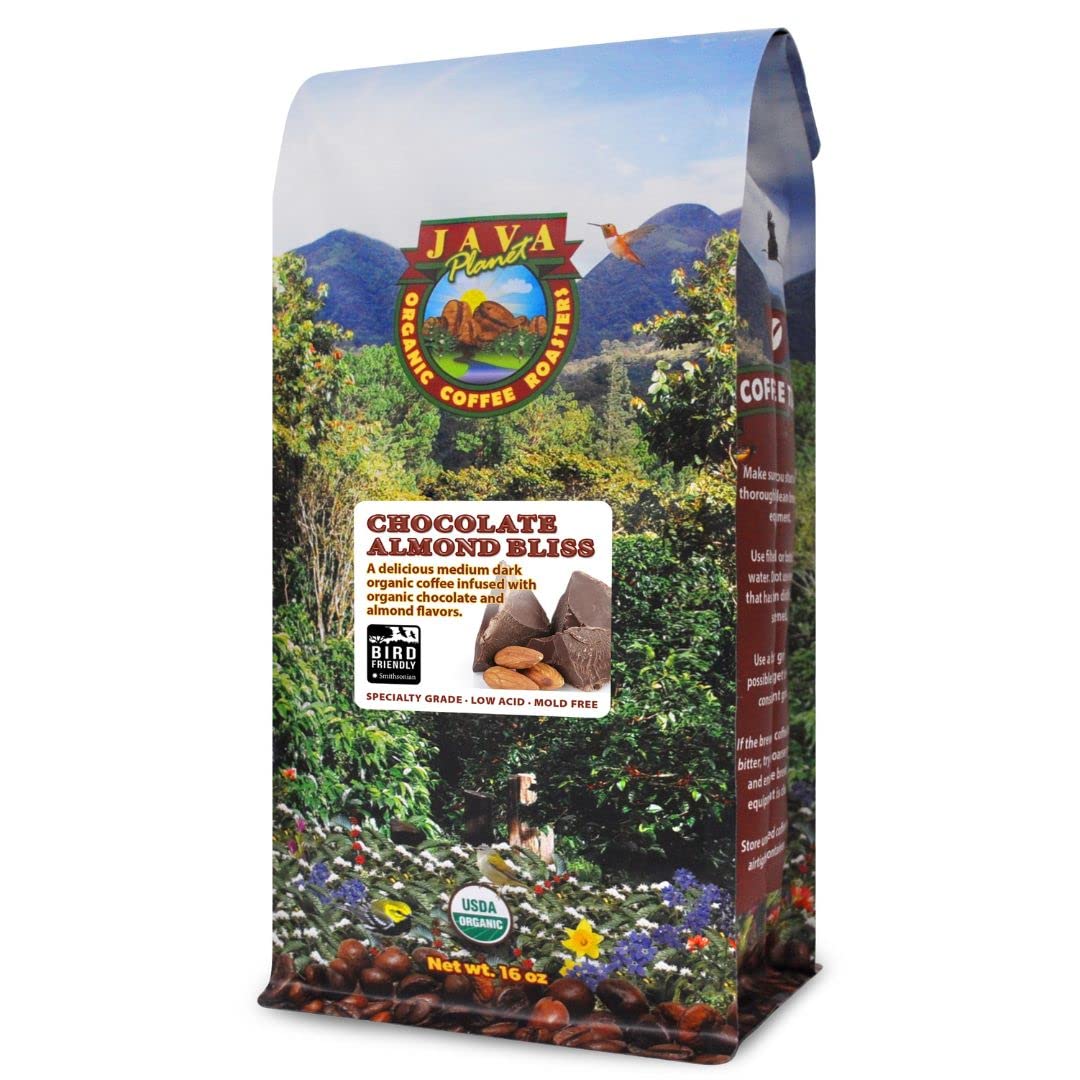 Java Planet Low Acid Organic Coffee – Whole Bean, Chocolate & Almond Flavor, Medium Dark Roast, Smithsonian Bird Friendly, 1 lb