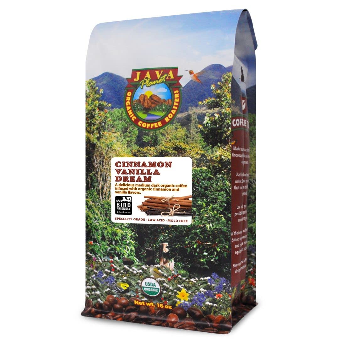 Java Planet Low Acid Organic Coffee – Cinnamon & Vanilla, 1LB Whole Bean | Mold-Free & Smithsonian Bird Friendly