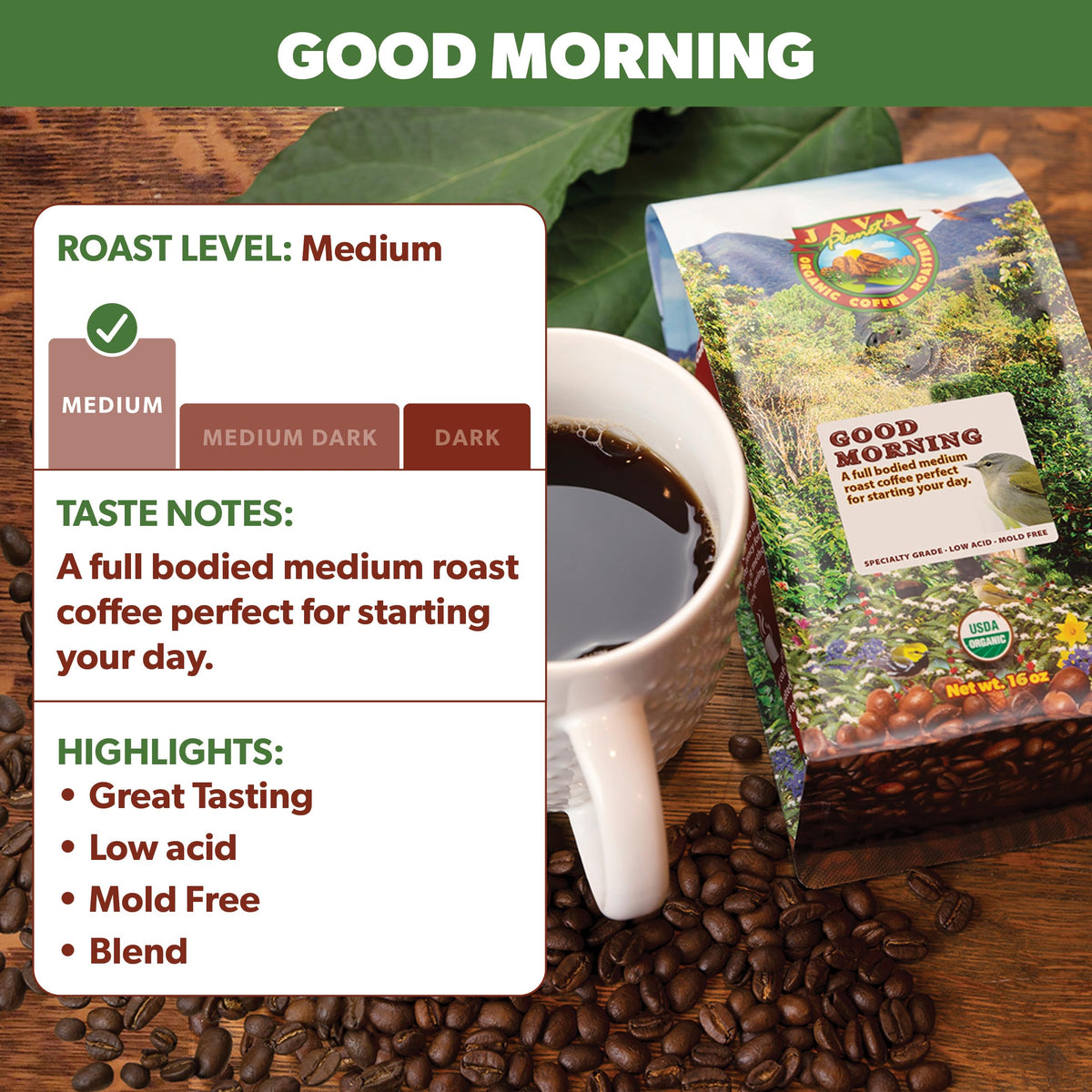 Java Planet Low Acid Organic Coffee – Good Morning Blend (Medium Roast) – 1lb Whole Bean