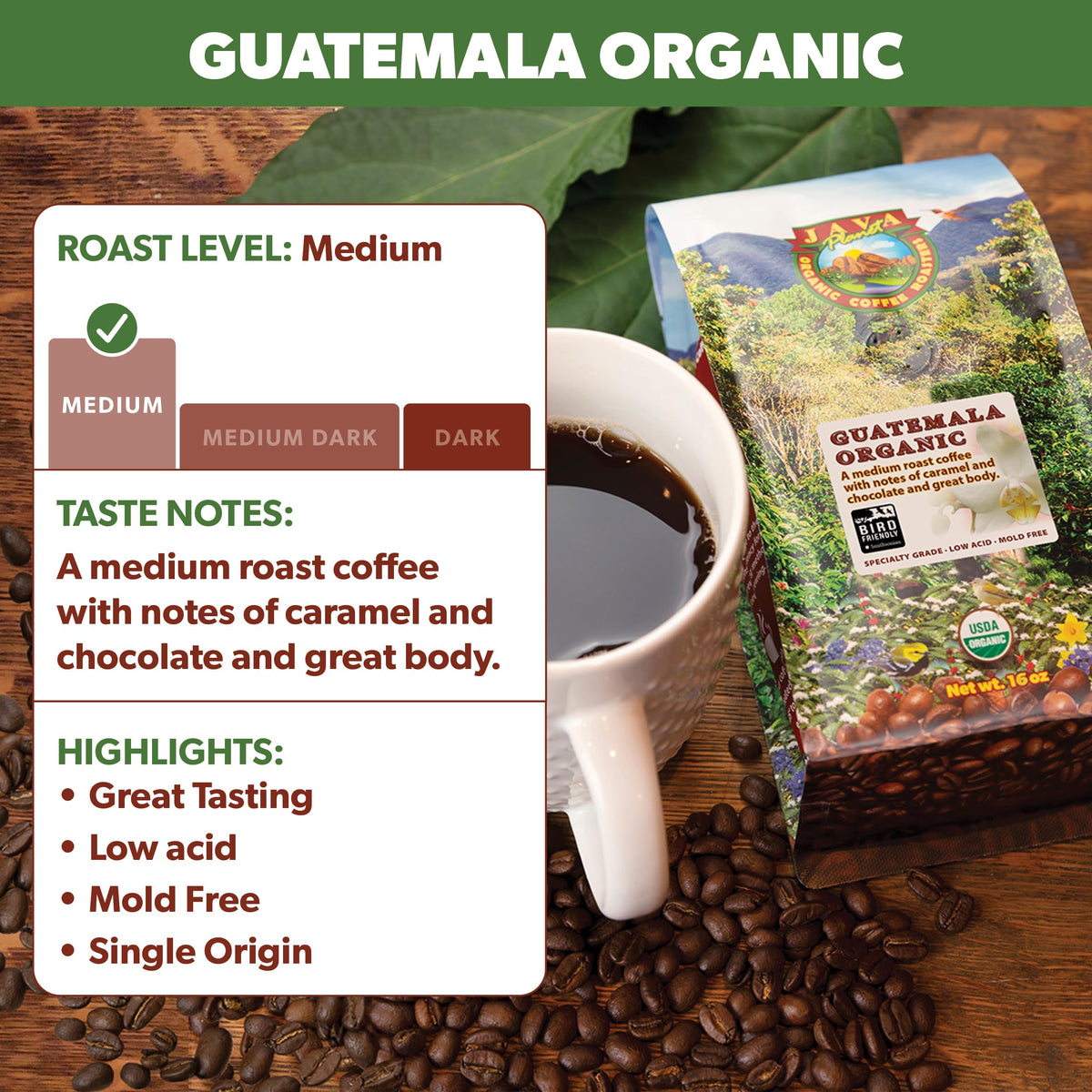 Java Planet Low Acid Organic Coffee – Whole Bean, Bird Friendly (Guatemala)
