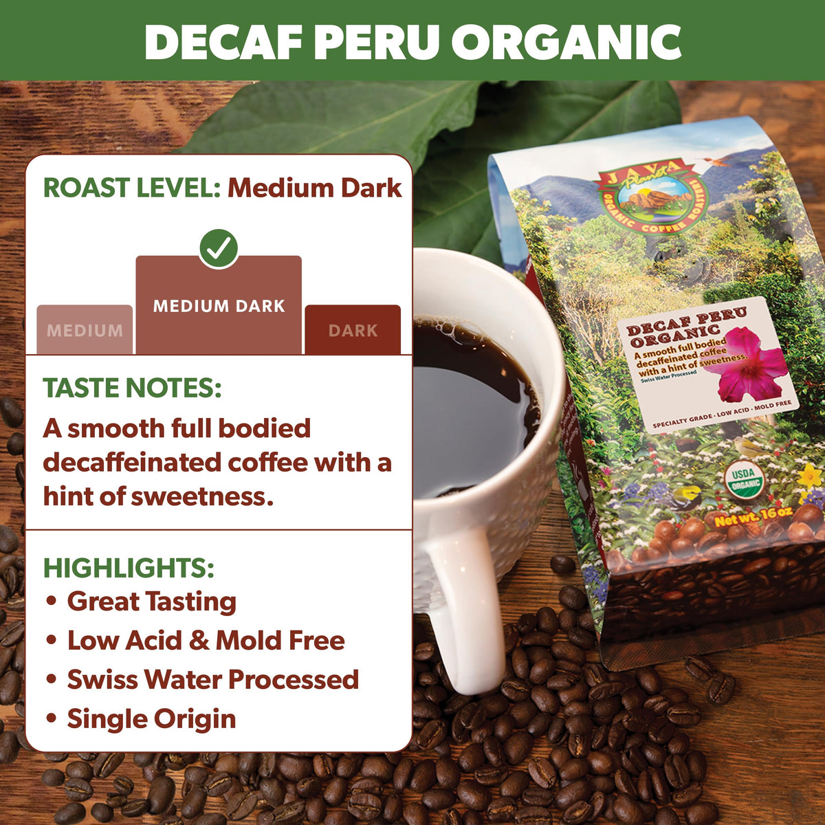 Java Planet Low-Acid Organic Coffee – Decaf Whole Bean, Peruvian Origin