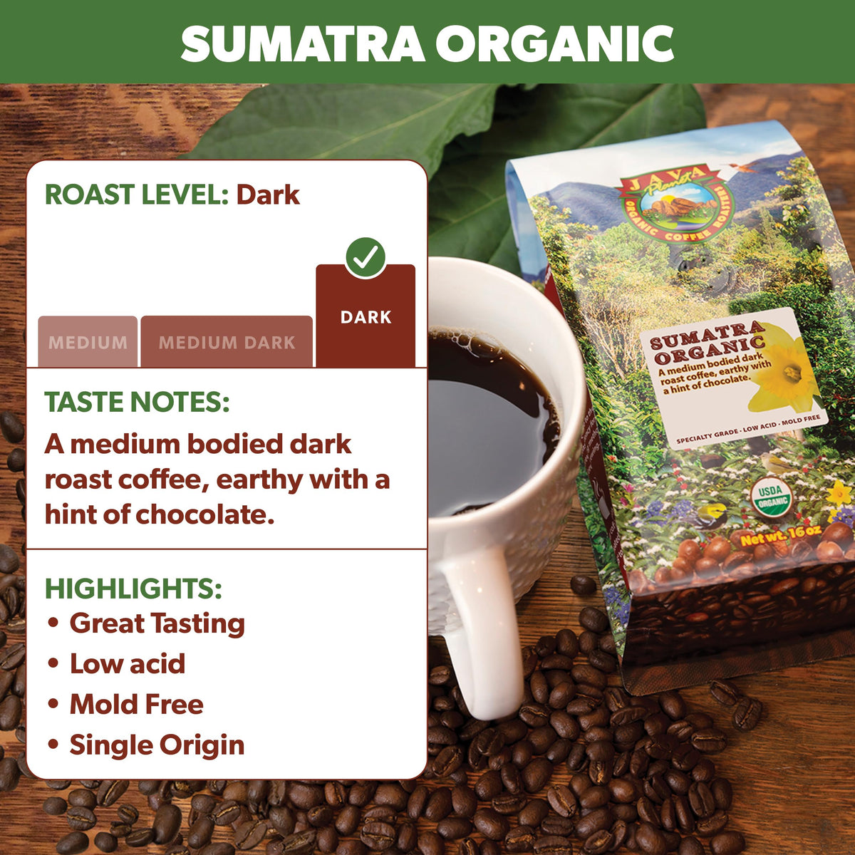 Java Planet Low Acid Organic Coffee – Sumatran Dark Roast, Whole Bean, 1LB Bag | Mold-Free & Stomach Friendly