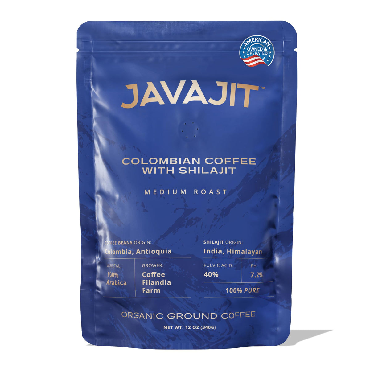 Javajit Colombian Coffee with Shilajit – Organic Ground Coffee, Medium Roast, 250 mg Shilajit per Serving (16 Servings)
