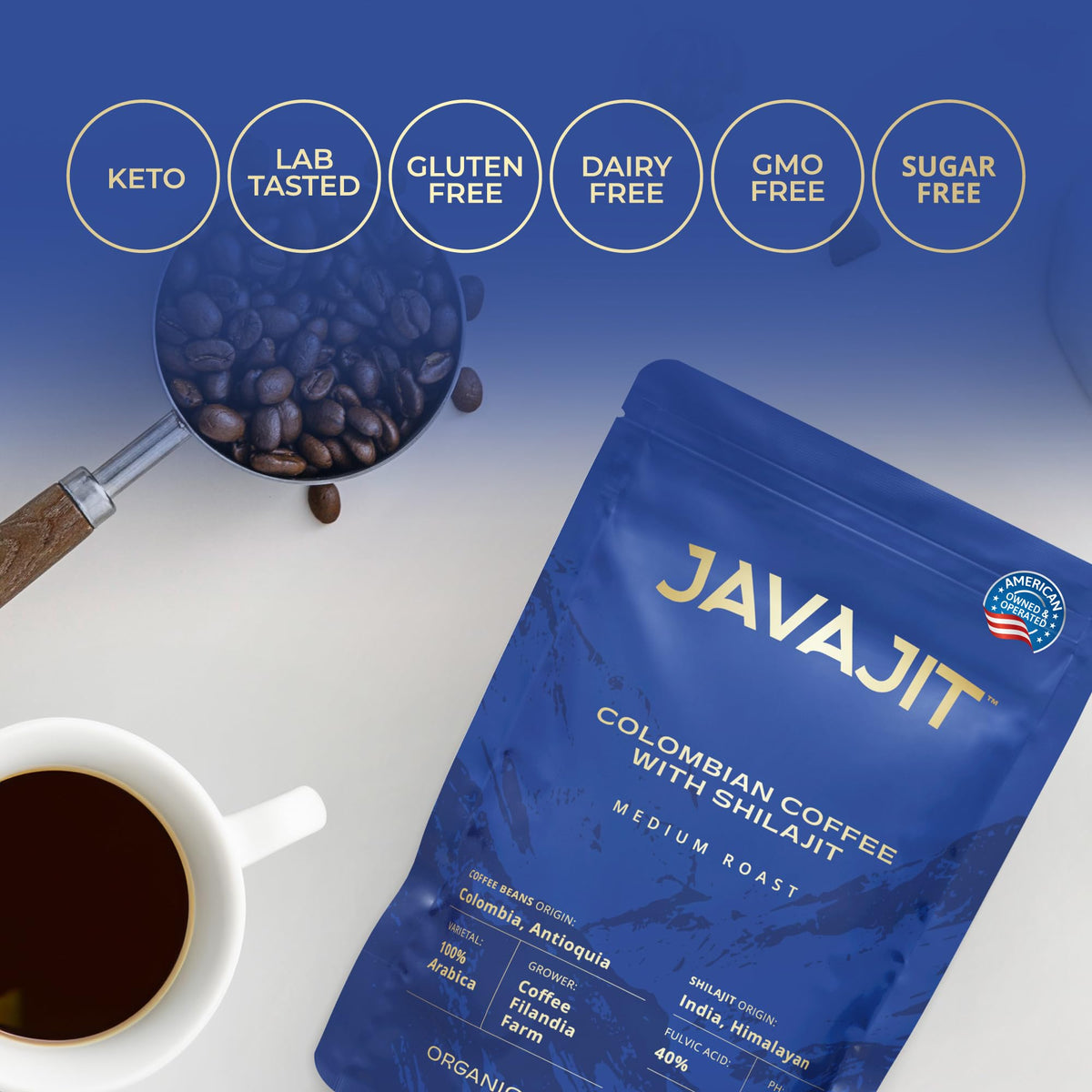 Javajit Colombian Coffee with Shilajit – Organic Ground Coffee, Medium Roast, 250 mg Shilajit per Serving (16 Servings)