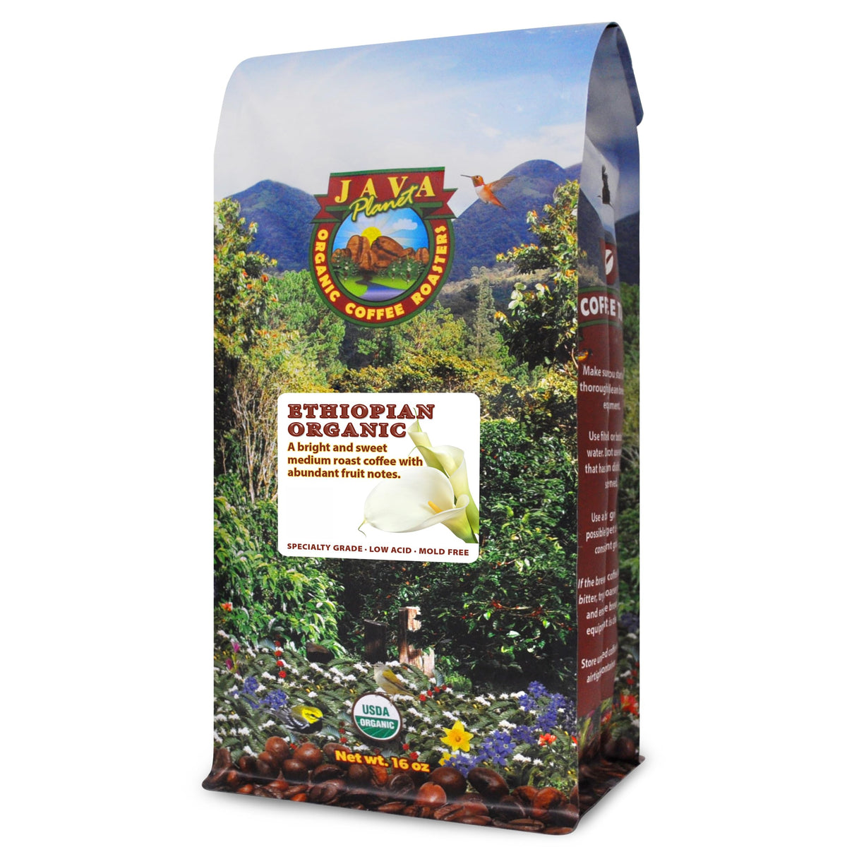 Java Planet Low Acid Organic Coffee – Ethiopian Whole Bean, Medium Roast, Mold-Free | 1LB Bag