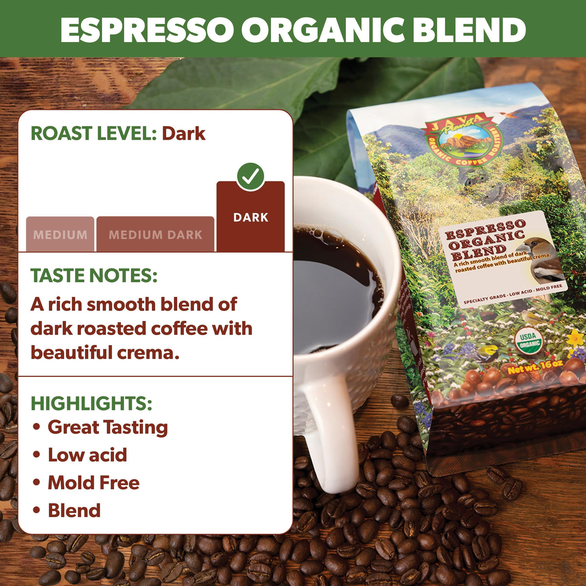 Java Planet Low Acid Organic Coffee – Whole Bean Espresso Blend, Dark Roast, 1lb